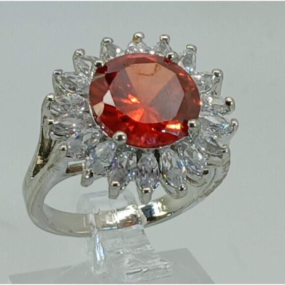 Vintage Ring Size 6.5 Silver Tone White Gold GP Orange CZ Cluster Cocktail NOS - Picture 1 of 9